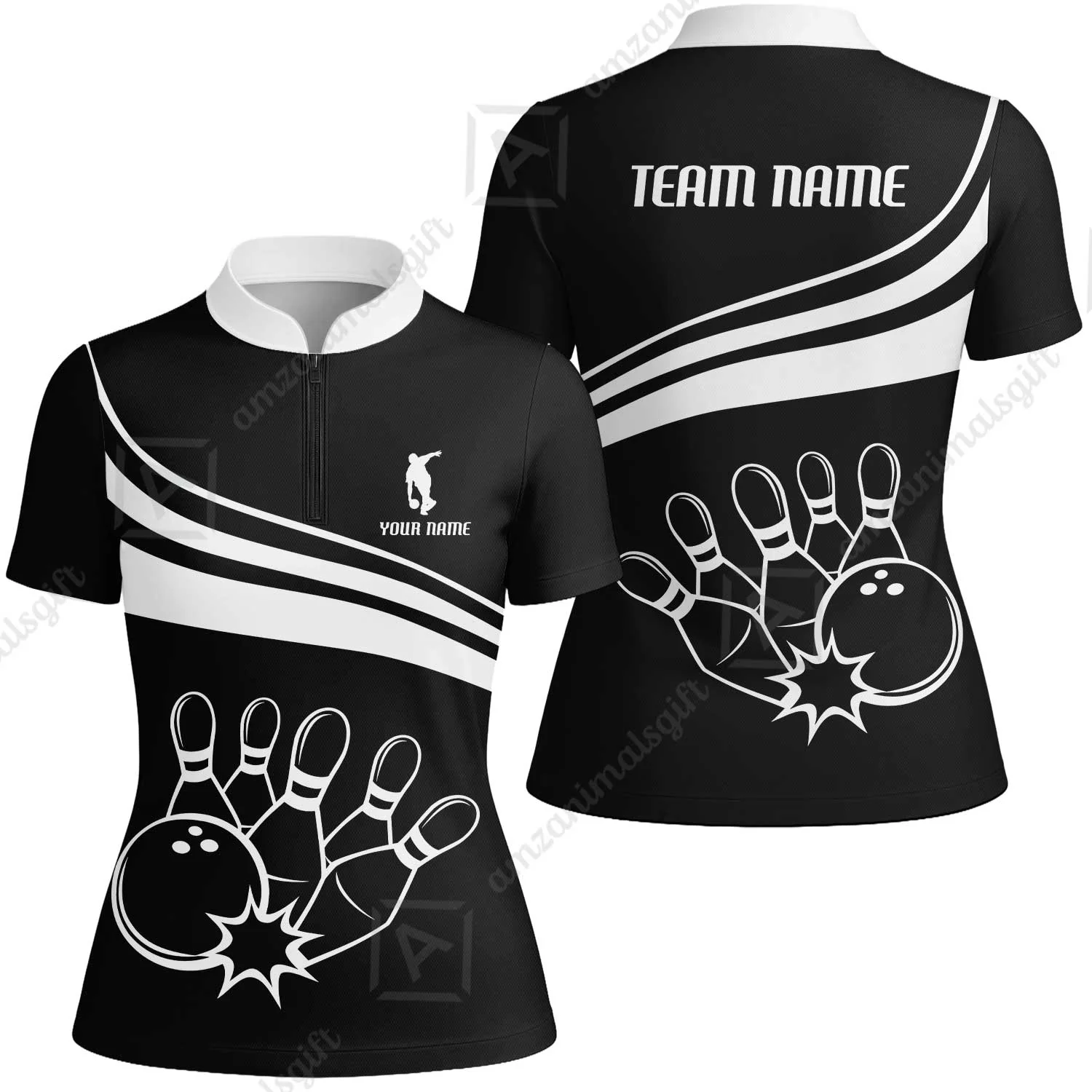 Bowling Customized Jersey Black Shirt White Curve Bowling Tenpin Quarter Zip Shirt, Outfit For Bowlers, Bowling Team - Image 15