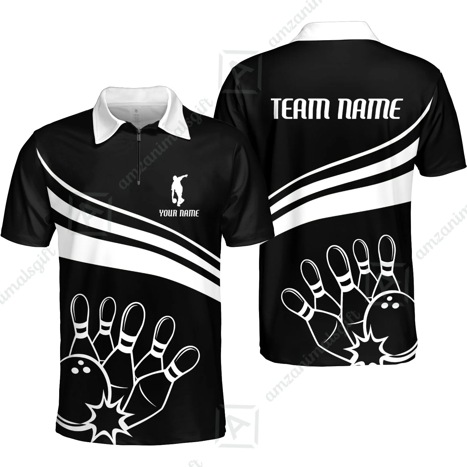 Bowling Customized Jersey Black Shirt White Curve Bowling Tenpin Quarter Zip Shirt, Outfit For Bowlers, Bowling Team - Image 4