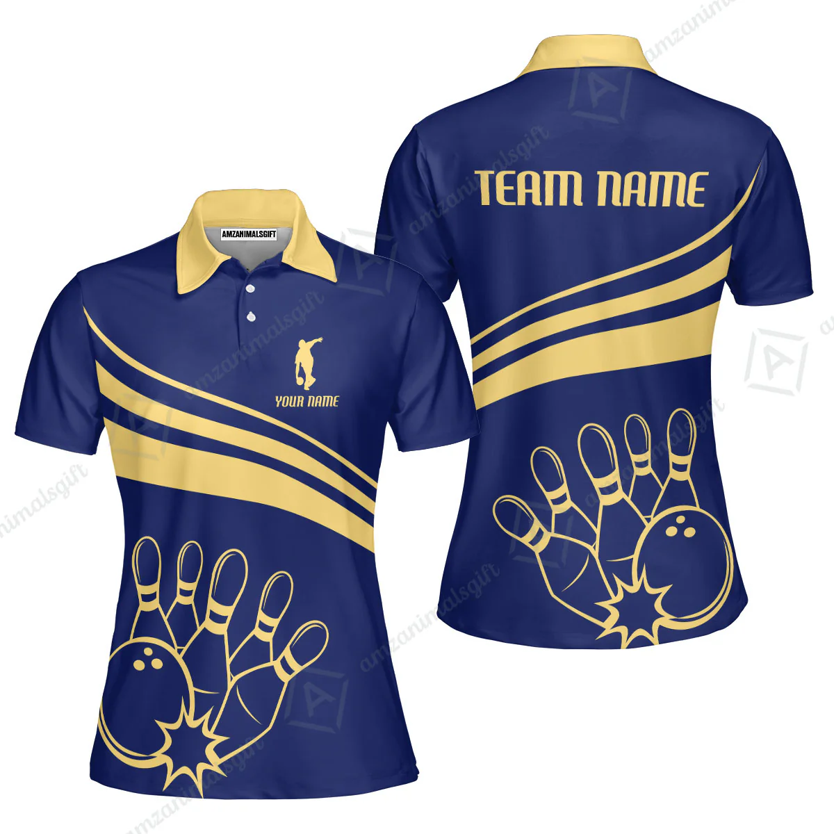 Bowling Customized Jersey Navy Shirt Gold Curve Bowling Tenpin Quarter Zip Shirt, Outfit For Bowlers, Bowling Team - Image 3