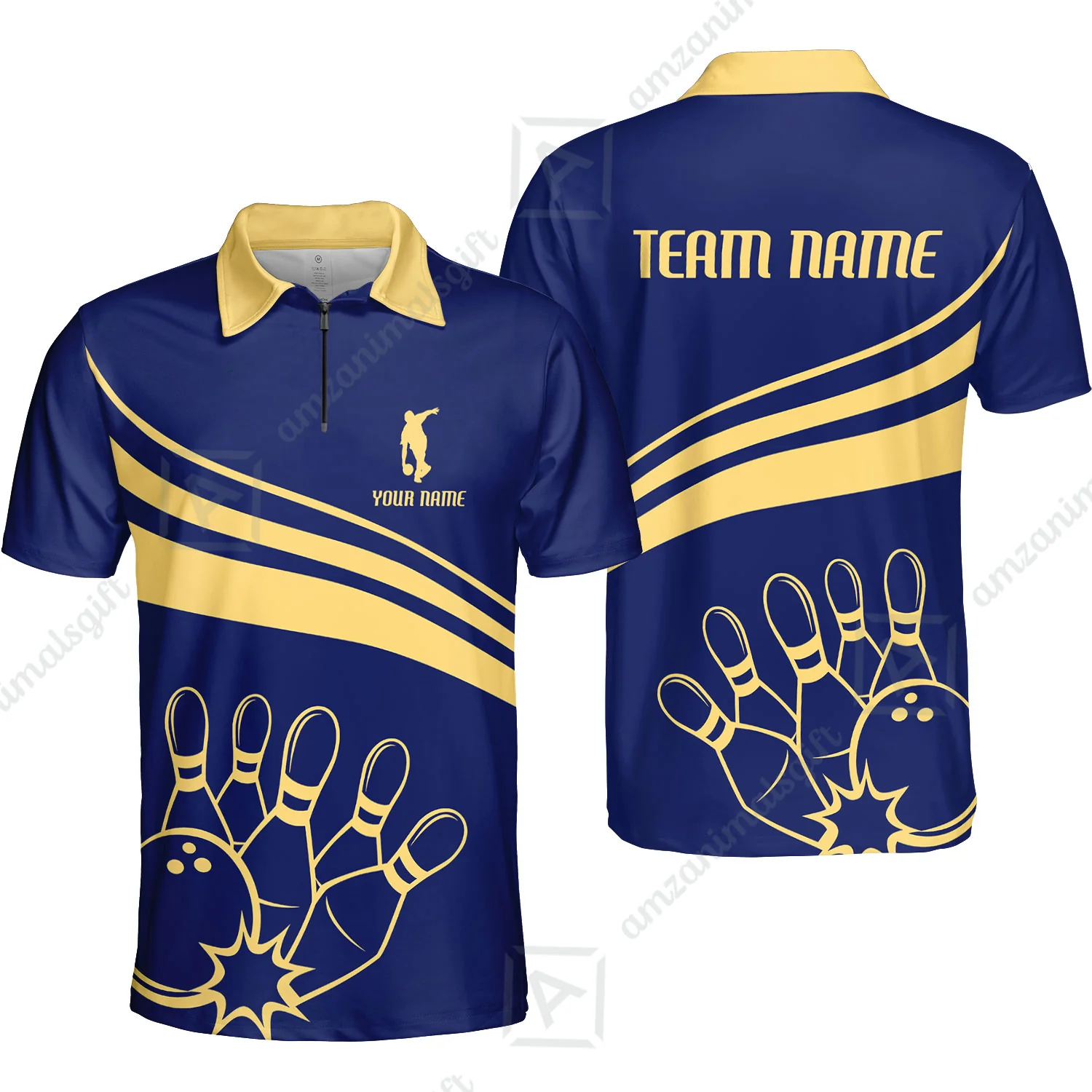 Bowling Customized Jersey Navy Shirt Gold Curve Bowling Tenpin Quarter Zip Shirt, Outfit For Bowlers, Bowling Team - Image 4