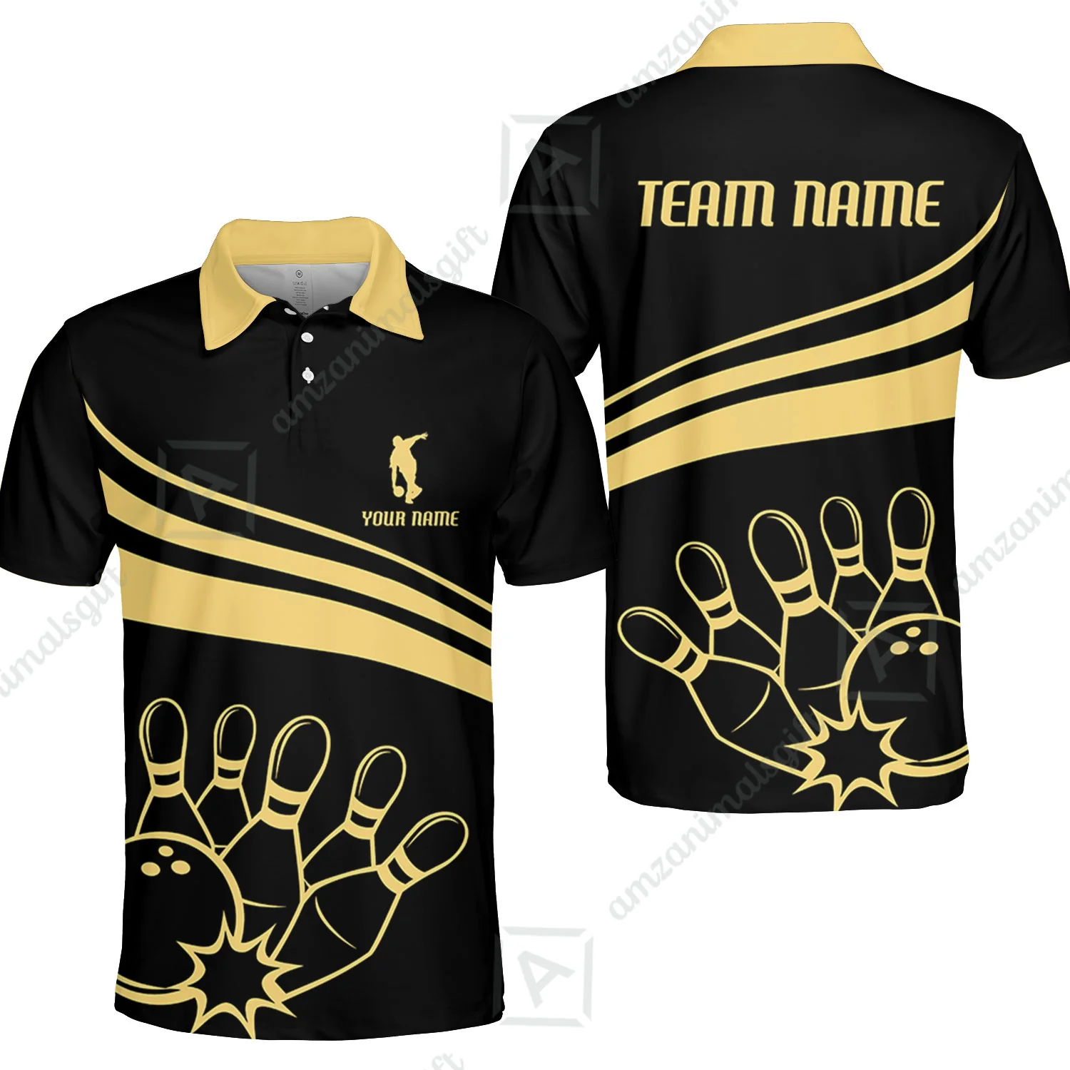 Bowling Customized Jersey Black Shirt Gold Curve Bowling Tenpin Quarter Zip Shirt, Outfit For Bowlers, Bowling Team - Image 2