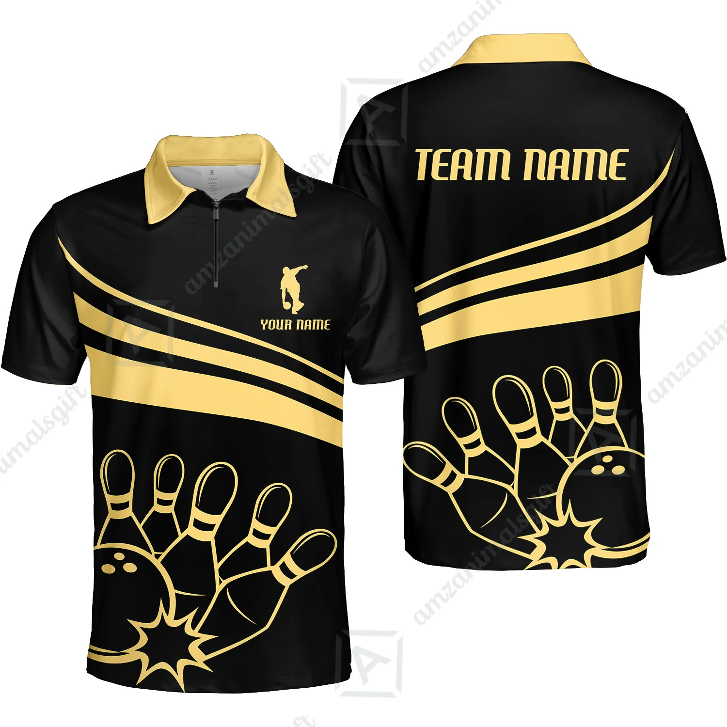 Bowling Customized Jersey Black Shirt Gold Curve Bowling Tenpin Quarter Zip Shirt, Outfit For Bowlers, Bowling Team - Image 5