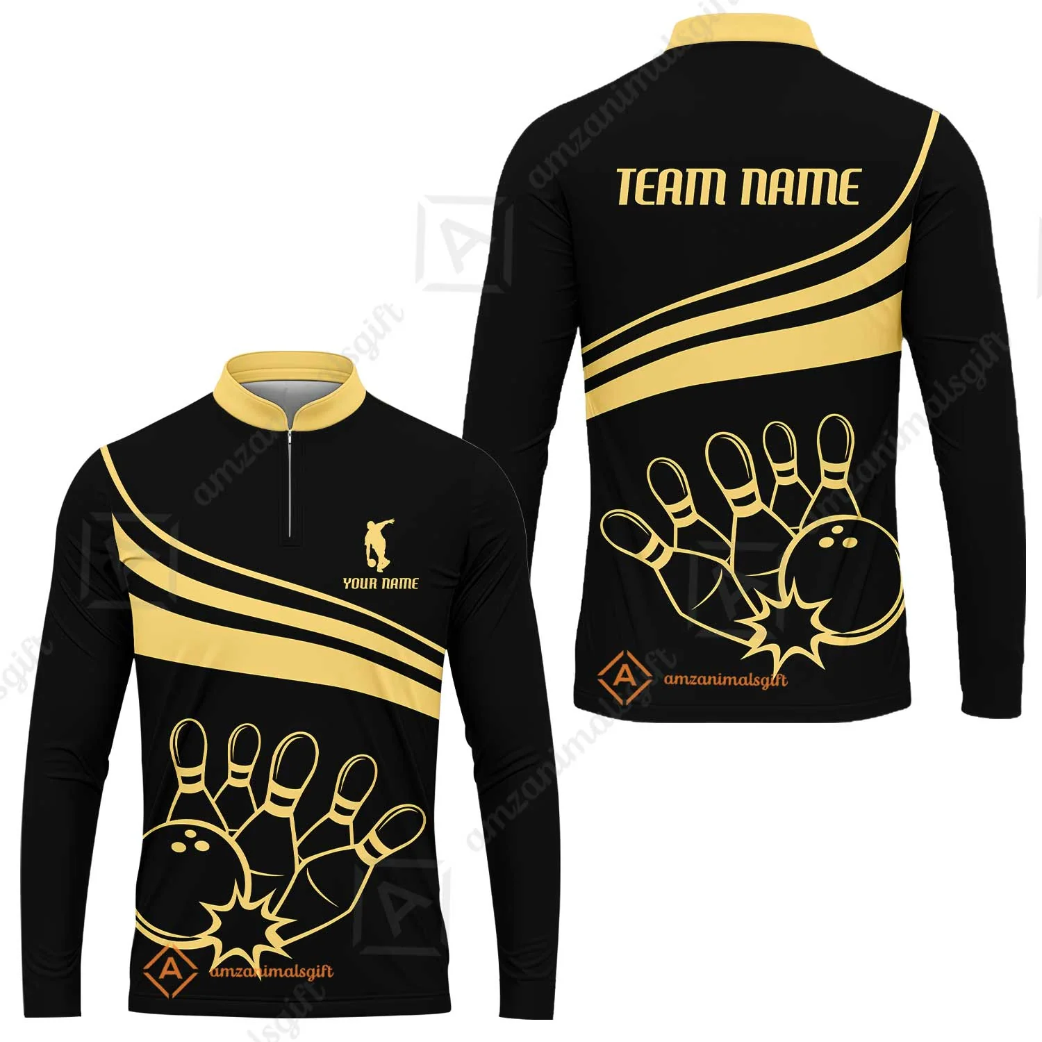 Bowling Customized Jersey Black Shirt Gold Curve Bowling Tenpin Quarter Zip Shirt, Outfit For Bowlers, Bowling Team - Image 9
