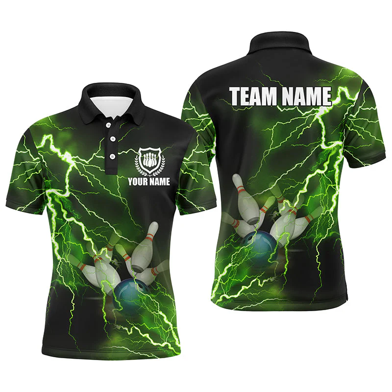 Bowling Customized Jersey Shirt Green Lightning Thunder Tenpin Bowling Quarter Zip Shirt For Bowlers, Bowling Team - Image 2