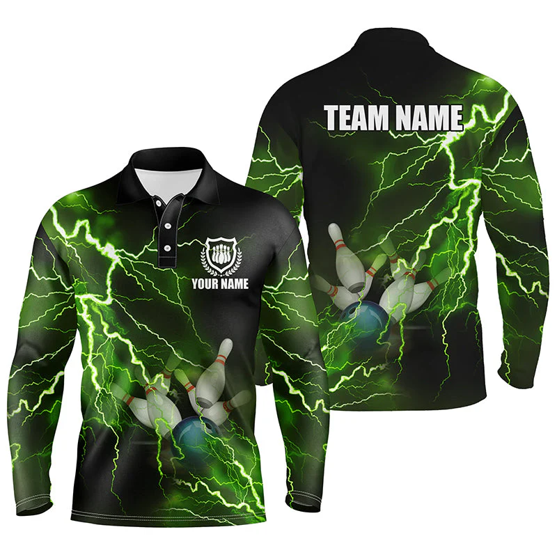 Bowling Customized Jersey Shirt Green Lightning Thunder Tenpin Bowling Quarter Zip Shirt For Bowlers, Bowling Team - Image 3
