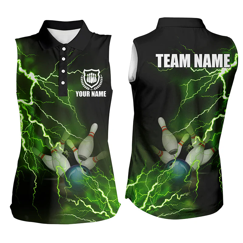 Bowling Customized Jersey Shirt Green Lightning Thunder Tenpin Bowling Quarter Zip Shirt For Bowlers, Bowling Team - Image 5