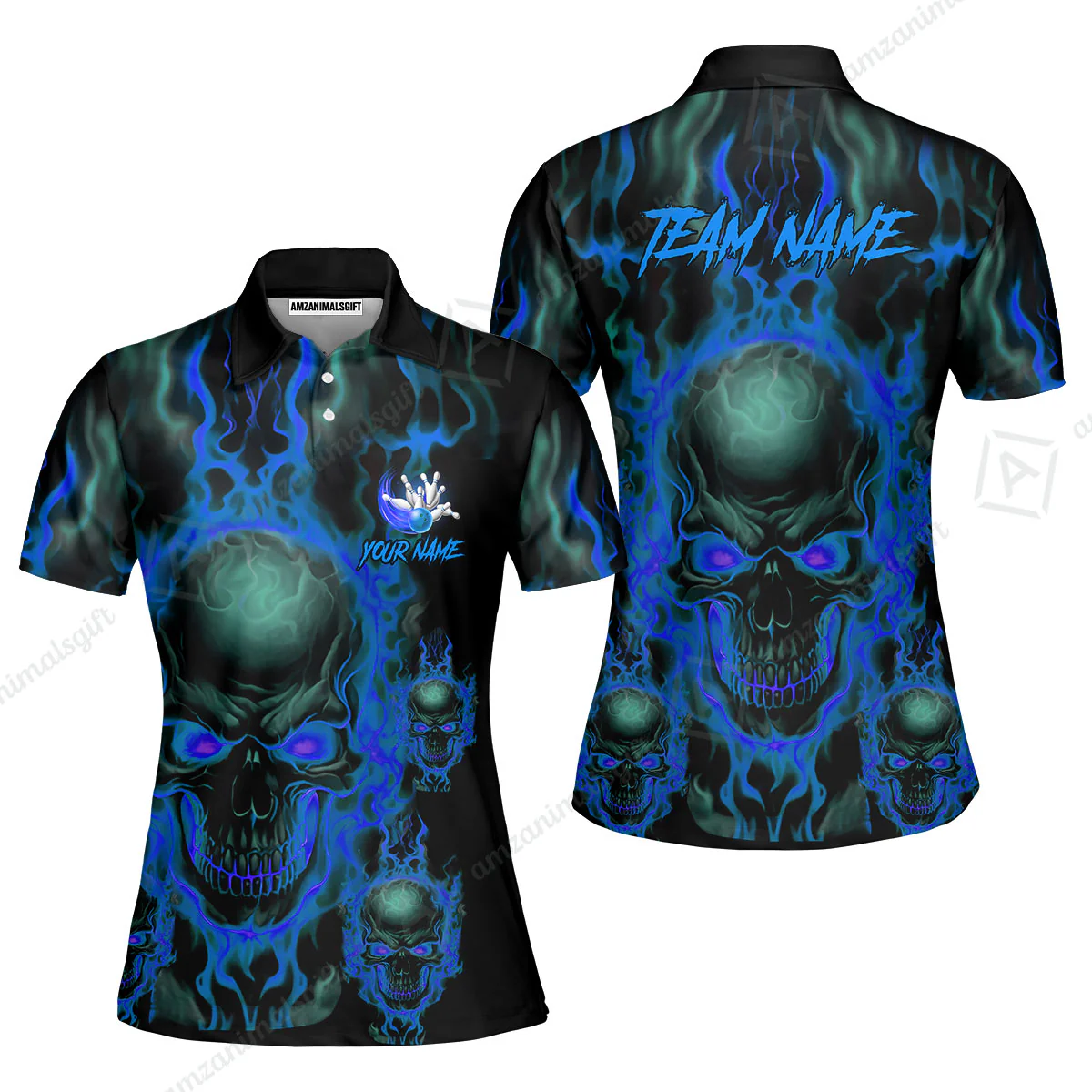 Bowling Customized Jersey Shirt Purple Flame Skull Bowling Tenpin Quarter Zip Shirt, Outfit For Bowlers, Bowling Team - Image 16