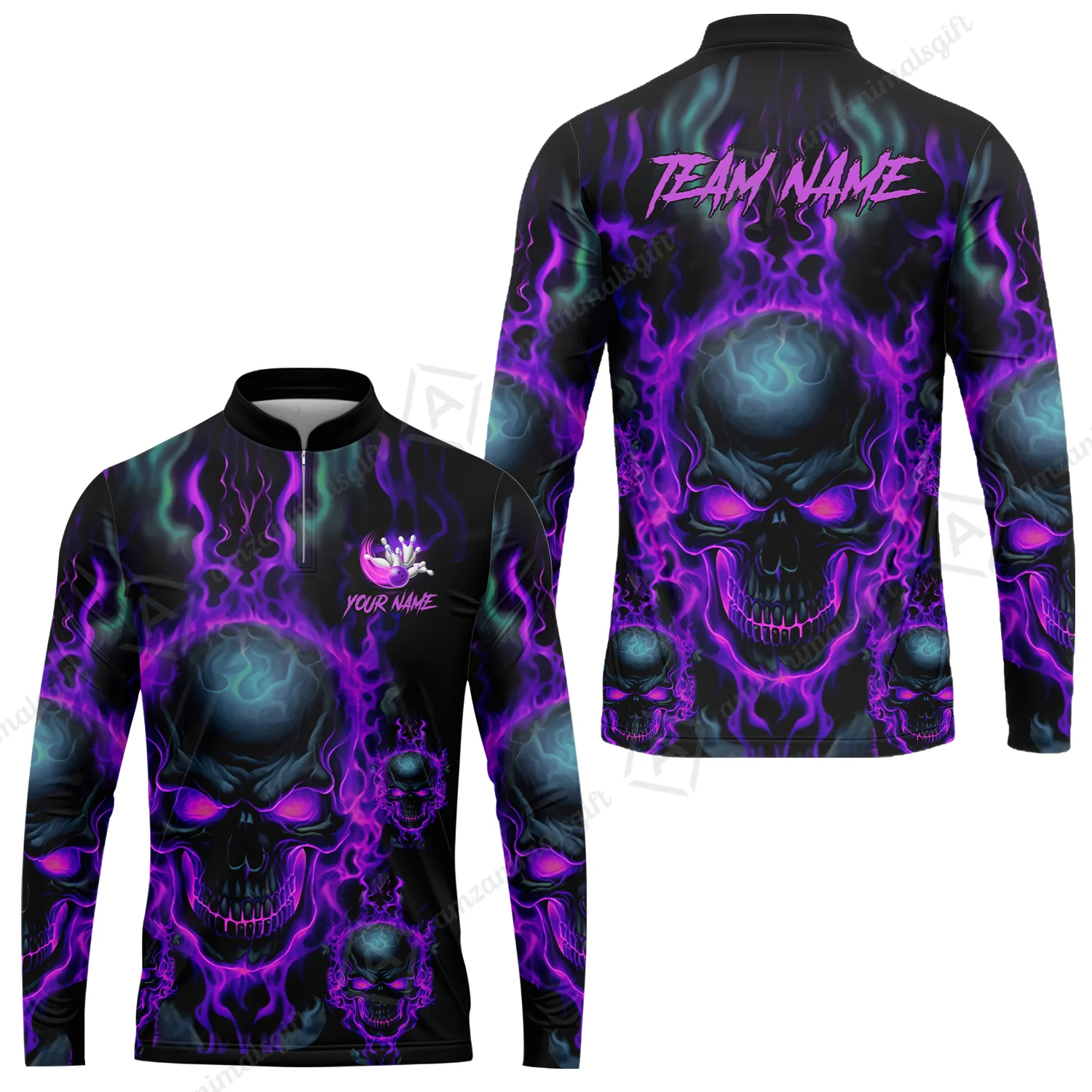 Bowling Customized Jersey Shirt Purple Flame Skull Bowling Tenpin Quarter Zip Shirt, Outfit For Bowlers, Bowling Team - Image 30