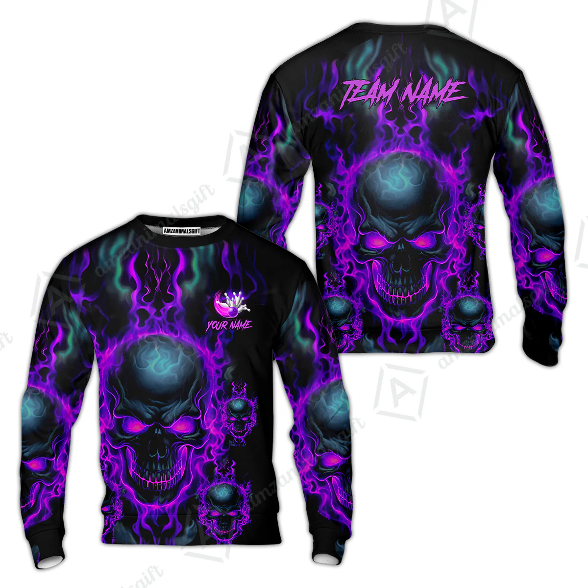 Bowling Customized Jersey Shirt Purple Flame Skull Bowling Tenpin Quarter Zip Shirt, Outfit For Bowlers, Bowling Team - Image 34