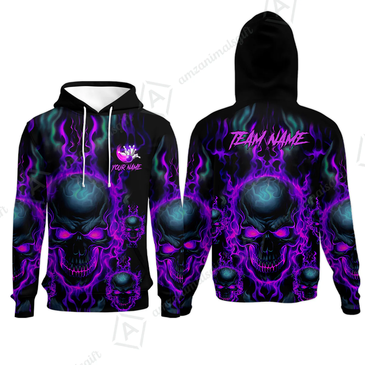 Bowling Customized Jersey Shirt Purple Flame Skull Bowling Tenpin Quarter Zip Shirt, Outfit For Bowlers, Bowling Team - Image 38