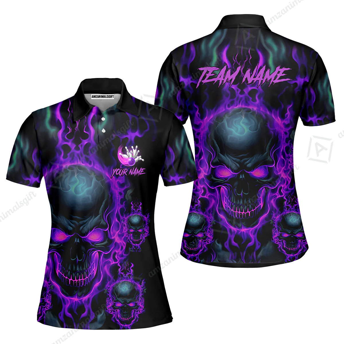 Bowling Customized Jersey Shirt Purple Flame Skull Bowling Tenpin Quarter Zip Shirt, Outfit For Bowlers, Bowling Team - Image 4