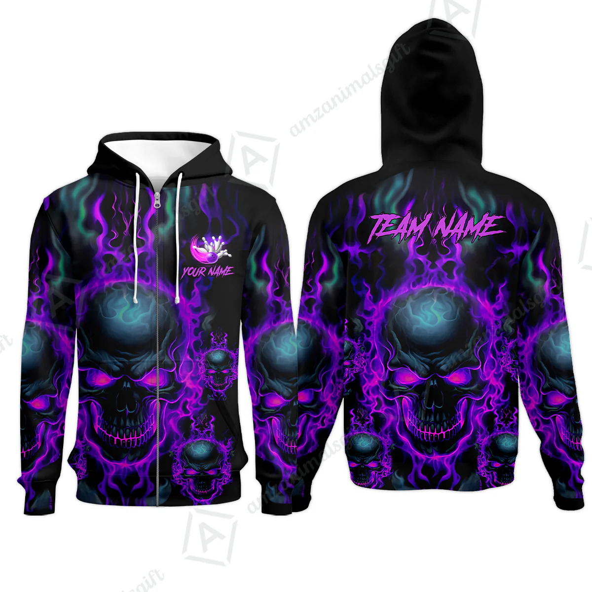 Bowling Customized Jersey Shirt Purple Flame Skull Bowling Tenpin Quarter Zip Shirt, Outfit For Bowlers, Bowling Team - Image 42