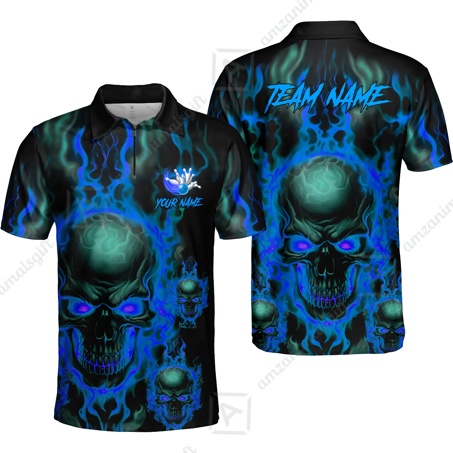 Bowling Customized Jersey Shirt Purple Flame Skull Bowling Tenpin Quarter Zip Shirt, Outfit For Bowlers, Bowling Team - Image 46