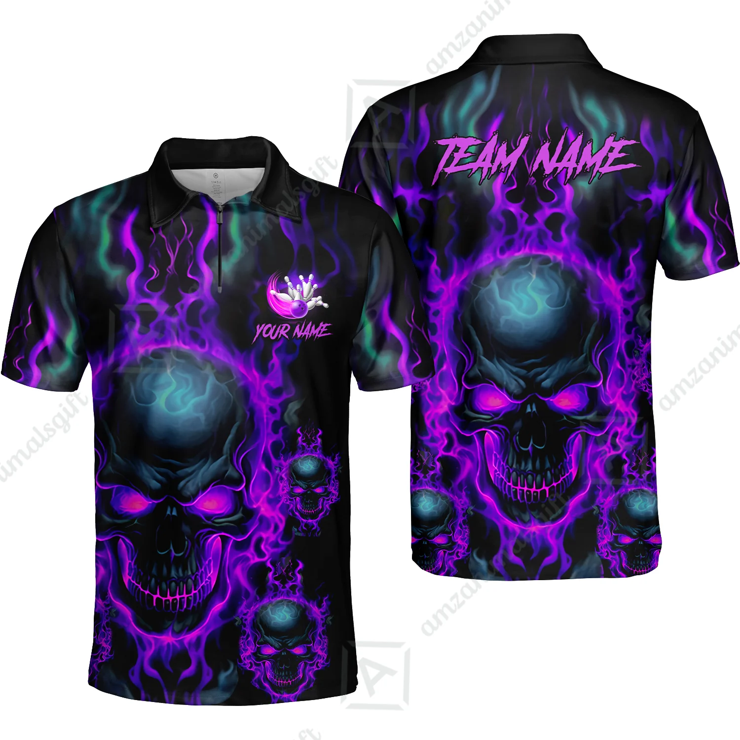 Bowling Customized Jersey Shirt Purple Flame Skull Bowling Tenpin Quarter Zip Shirt, Outfit For Bowlers, Bowling Team - Image 48