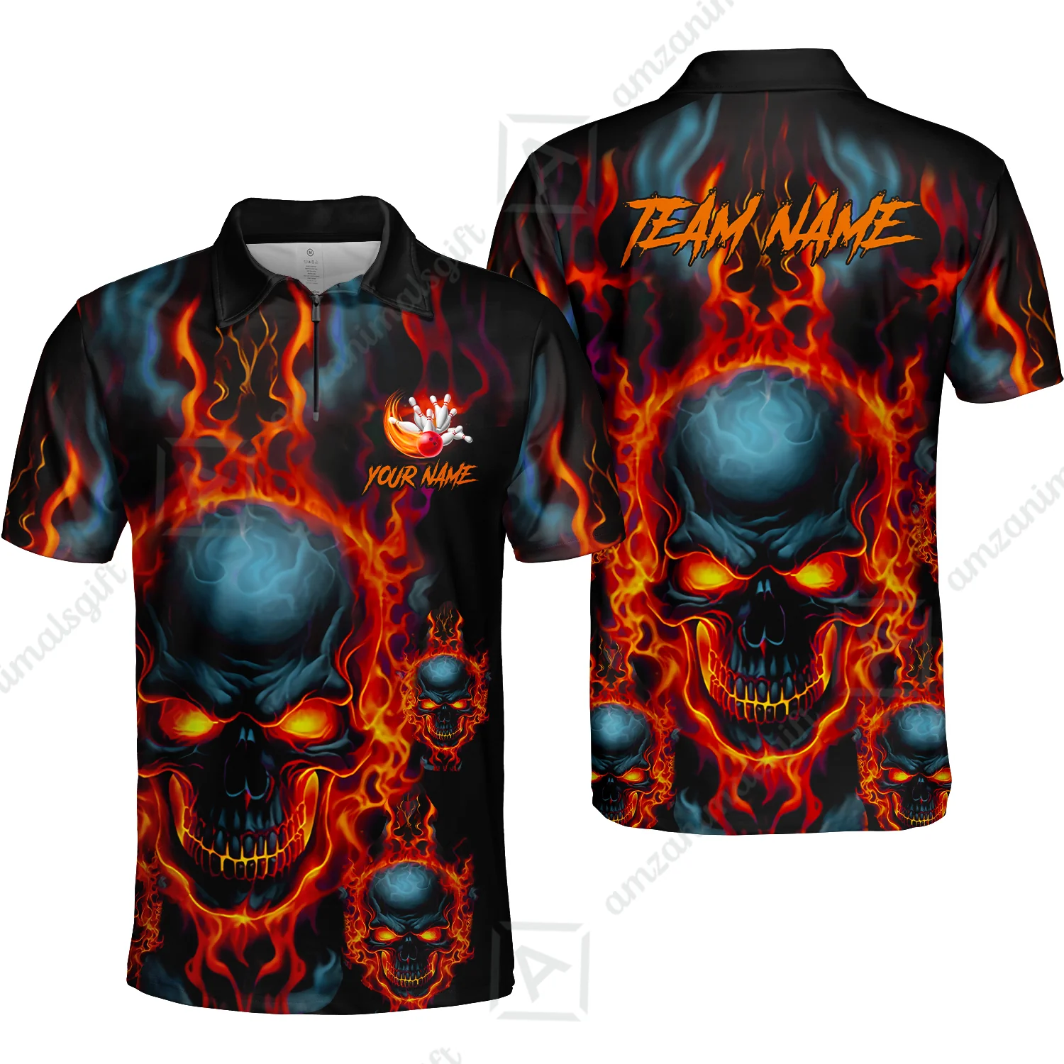 Bowling Customized Jersey Shirt Purple Flame Skull Bowling Tenpin Quarter Zip Shirt, Outfit For Bowlers, Bowling Team - Image 49