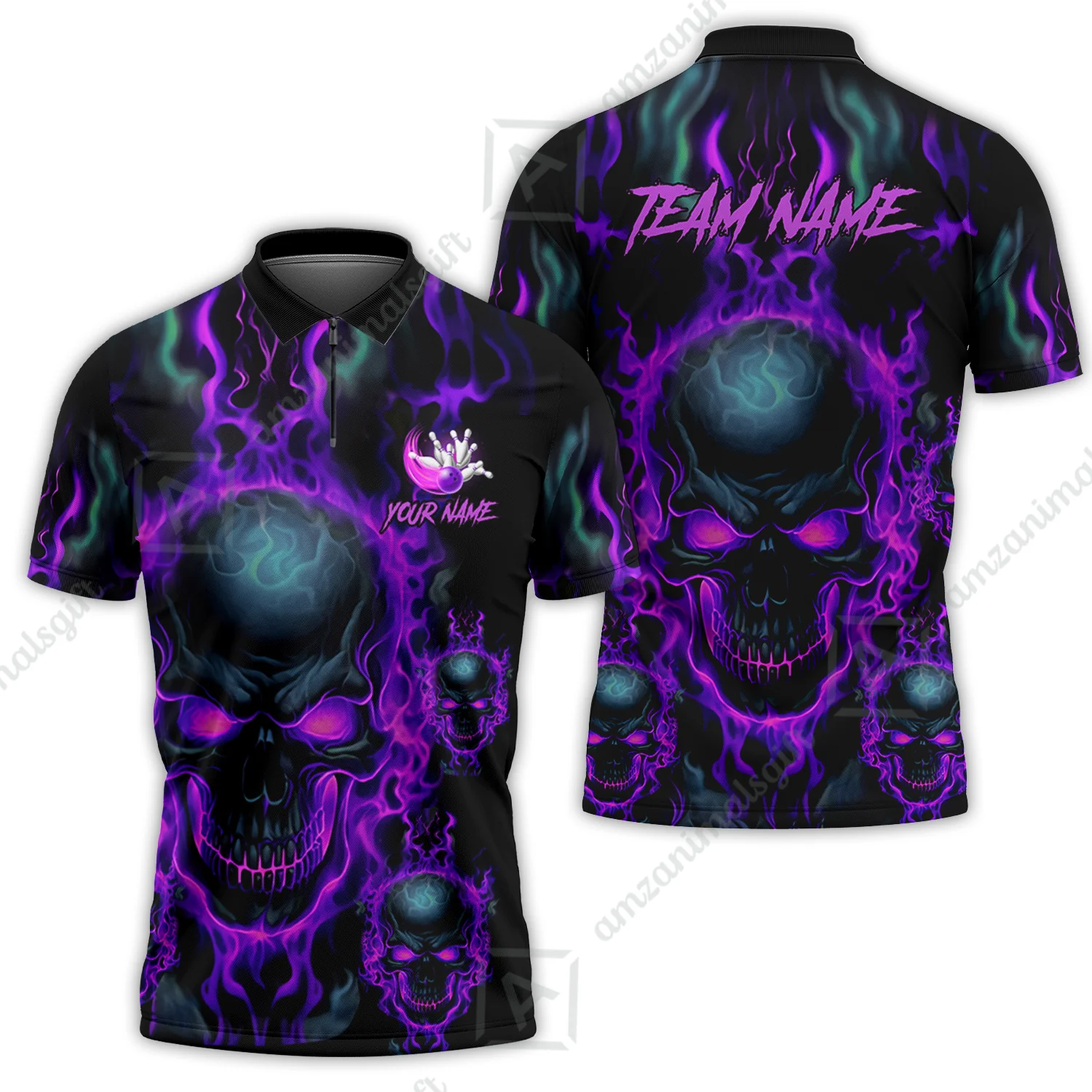 Bowling Customized Jersey Shirt Purple Flame Skull Bowling Tenpin Quarter Zip Shirt, Outfit For Bowlers, Bowling Team - Image 5