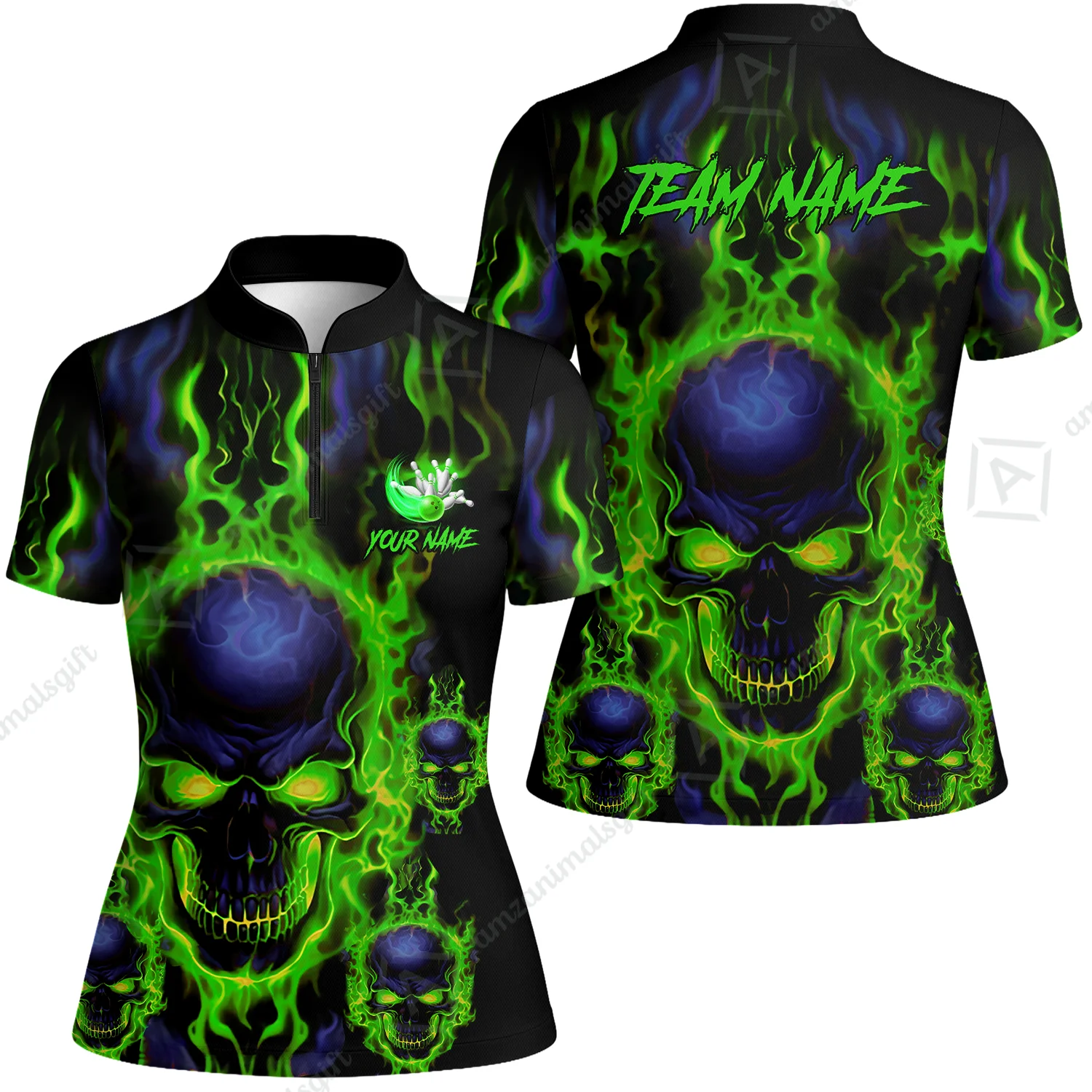 Bowling Customized Jersey Shirt Purple Flame Skull Bowling Tenpin Quarter Zip Shirt, Outfit For Bowlers, Bowling Team - Image 51