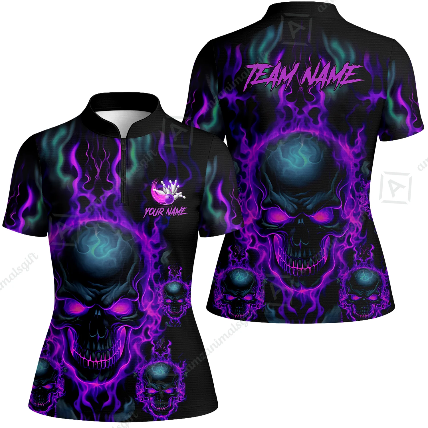 Bowling Customized Jersey Shirt Purple Flame Skull Bowling Tenpin Quarter Zip Shirt, Outfit For Bowlers, Bowling Team - Image 52