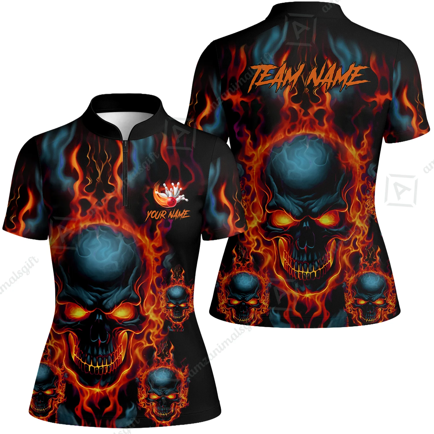 Bowling Customized Jersey Shirt Purple Flame Skull Bowling Tenpin Quarter Zip Shirt, Outfit For Bowlers, Bowling Team - Image 53