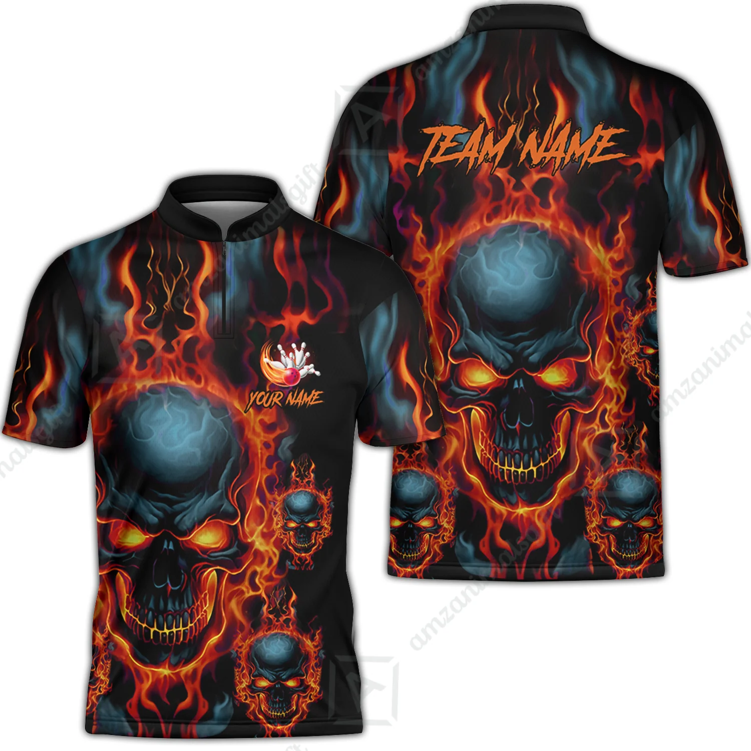 Bowling Customized Jersey Shirt Purple Flame Skull Bowling Tenpin Quarter Zip Shirt, Outfit For Bowlers, Bowling Team - Image 8