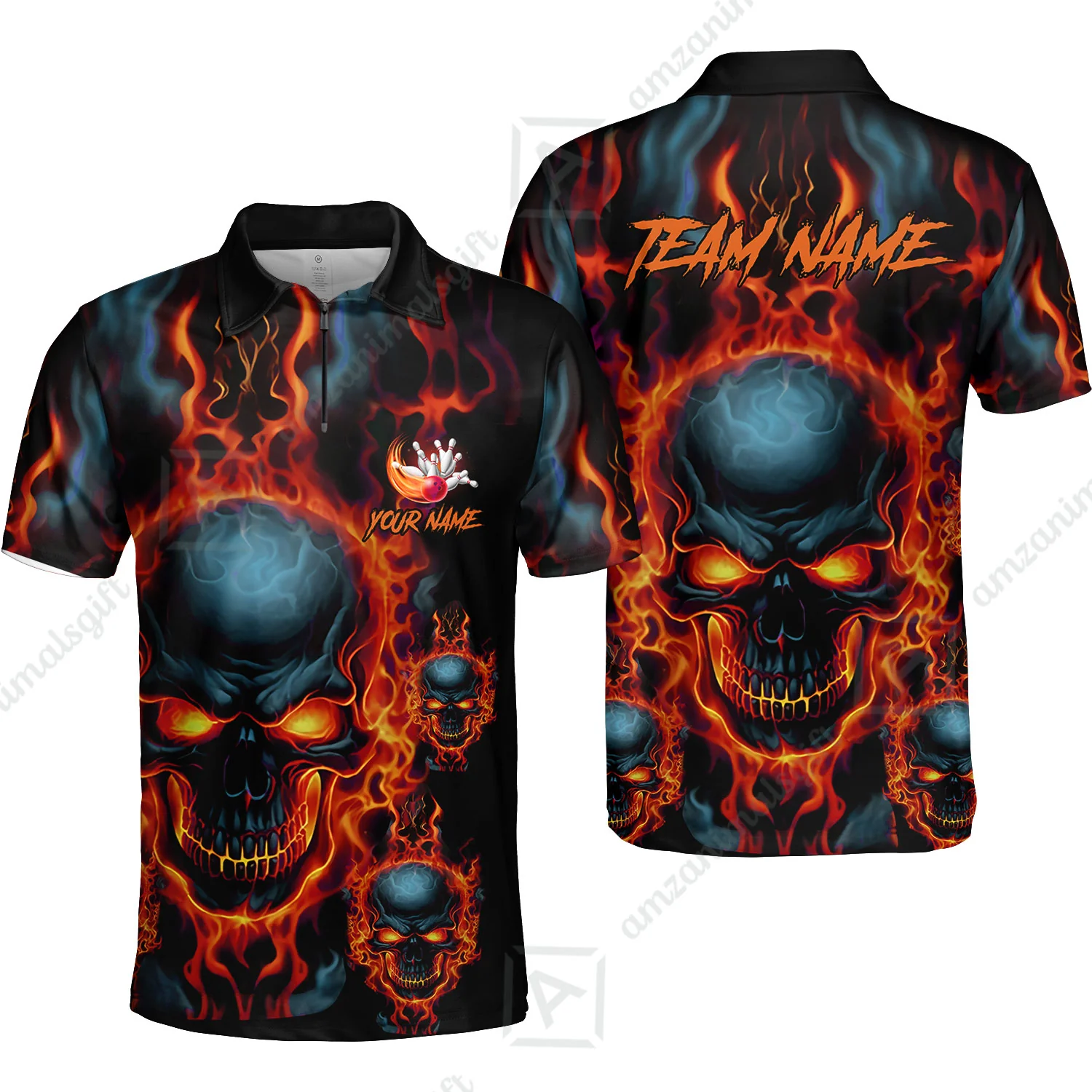 Bowling Customized Jersey Shirt Purple Flame Skull Bowling Tenpin Quarter Zip Shirt, Outfit For Bowlers, Bowling Team - Image 9