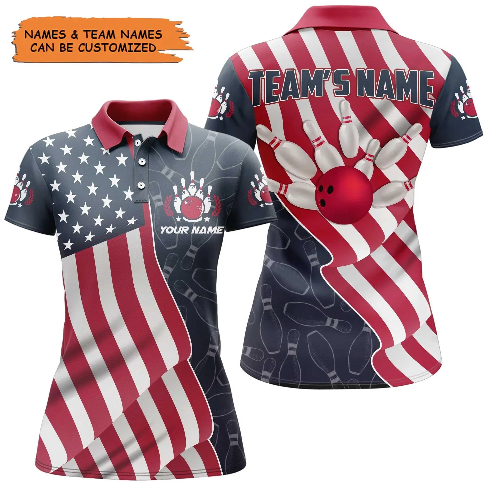 Bowling Customized Name & Team Women Polo Shirt - American Flag Patriotic Personalized Bowling Polo Shirt - Gift For Friend, Family, Bowling Lovers - Image 2