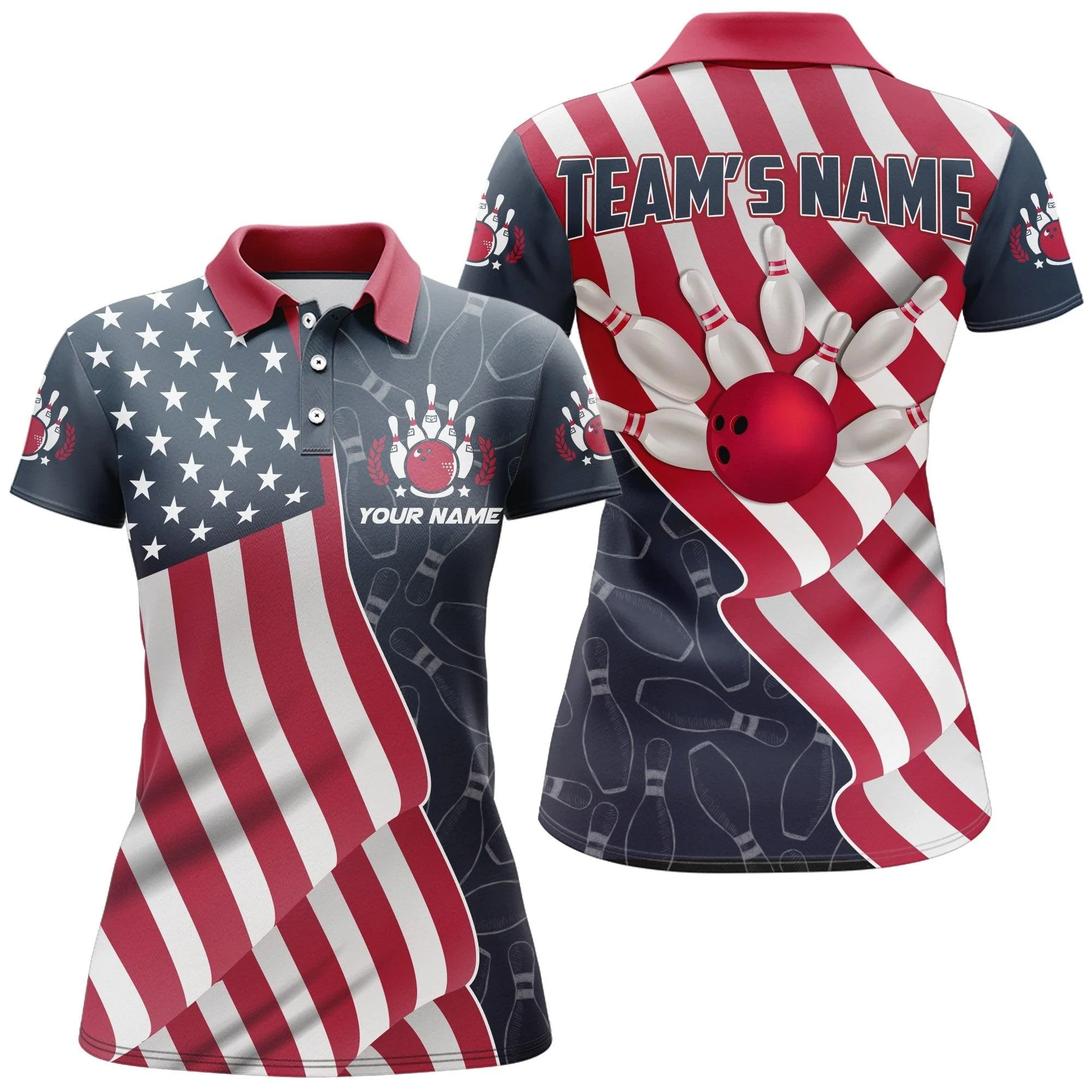 Bowling Customized Name & Team Women Polo Shirt - American Flag Patriotic Personalized Bowling Polo Shirt - Gift For Friend, Family, Bowling Lovers - Image 3