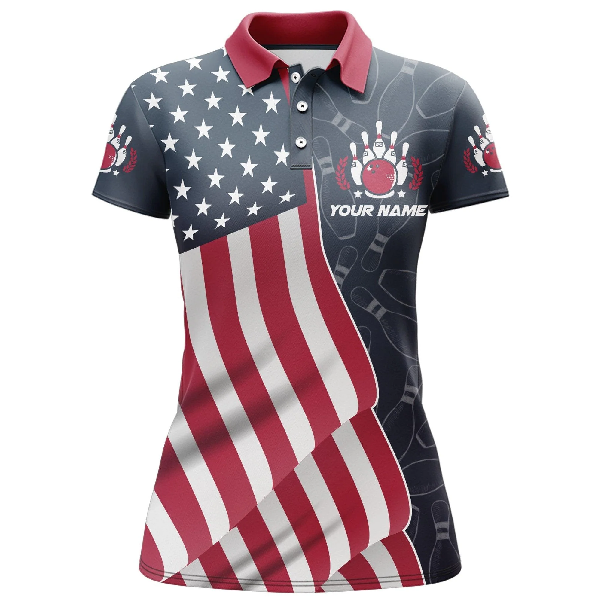 Bowling Customized Name & Team Women Polo Shirt - American Flag Patriotic Personalized Bowling Polo Shirt - Gift For Friend, Family, Bowling Lovers - Image 4