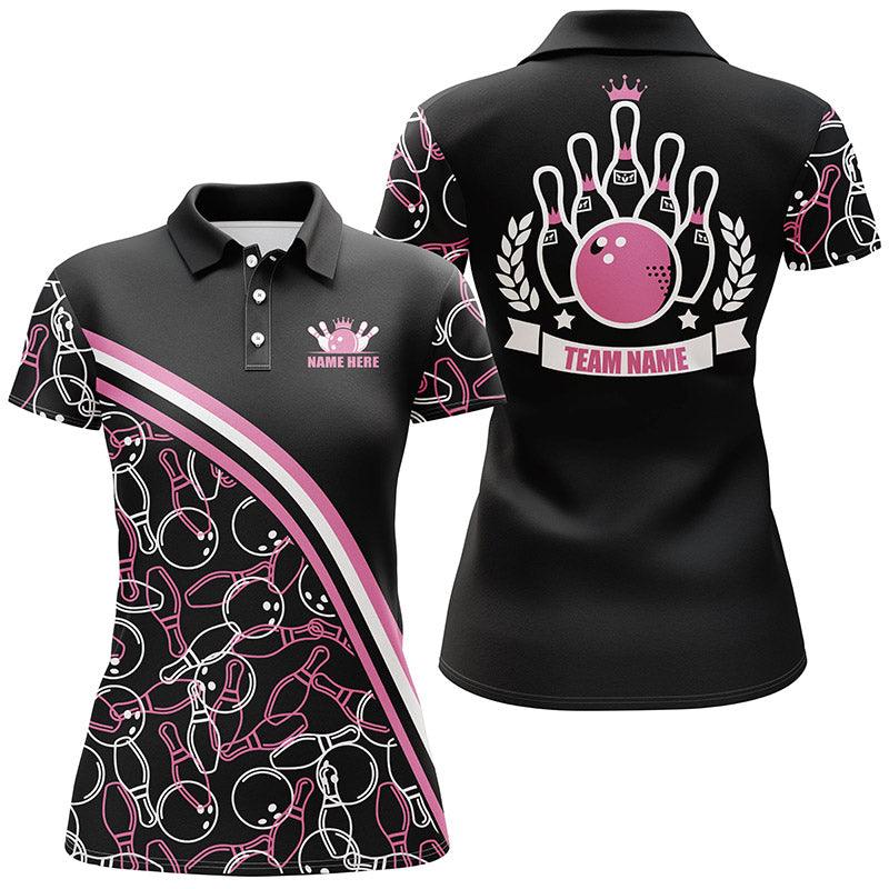 Bowling Customized Women Polo Shirt - Black Pink Bowling Pattern Personalized Bowling Polo Shirt - Gift For Friend, Family, Bowling Lovers - Image 2