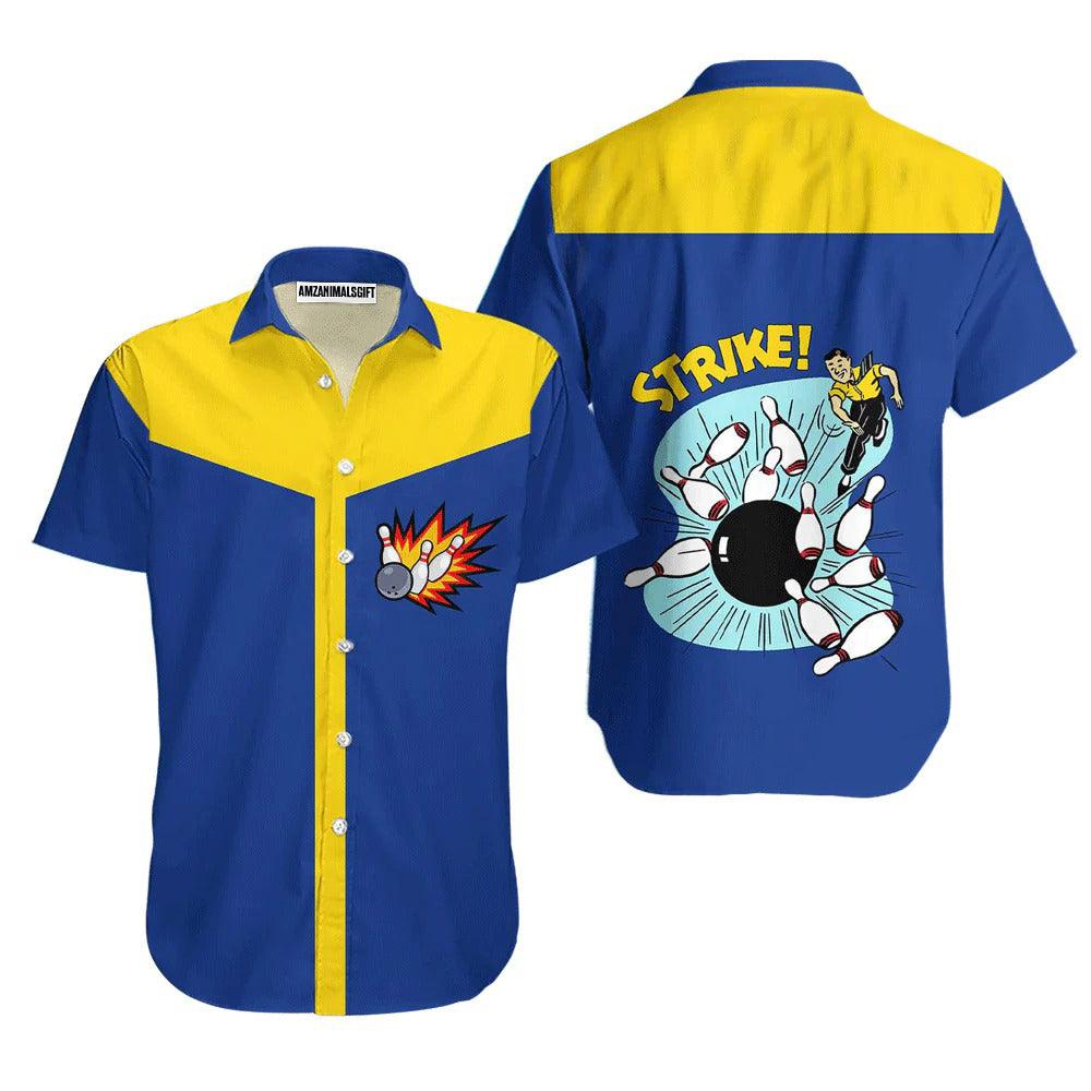 Bowling Hawaiian Shirt, Awesome Bowling Ball Strike Blue And Yellow Aloha Hawaiian Shirts For Men and Women - Gift For Bowling Lovers, Friend, Family