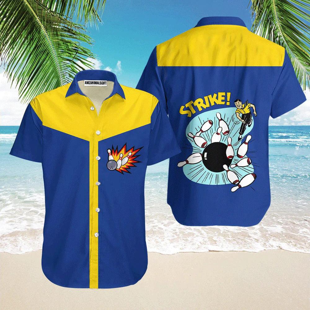 Bowling Hawaiian Shirt, Awesome Bowling Ball Strike Blue And Yellow Aloha Hawaiian Shirts For Men and Women - Gift For Bowling Lovers, Friend, Family - Image 2