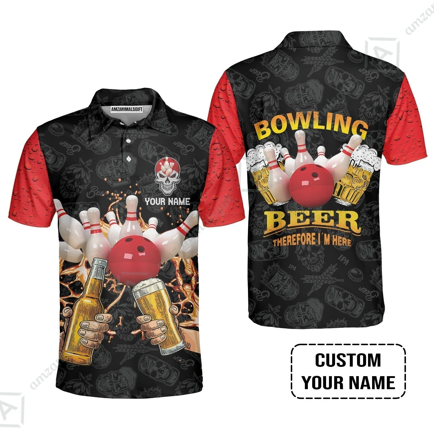 Bowling Hawaiian Shirt Custom Name, Bowling and Beer Black Red Therefore I'm Here Personalized Hawaiian Shirt - Image 7