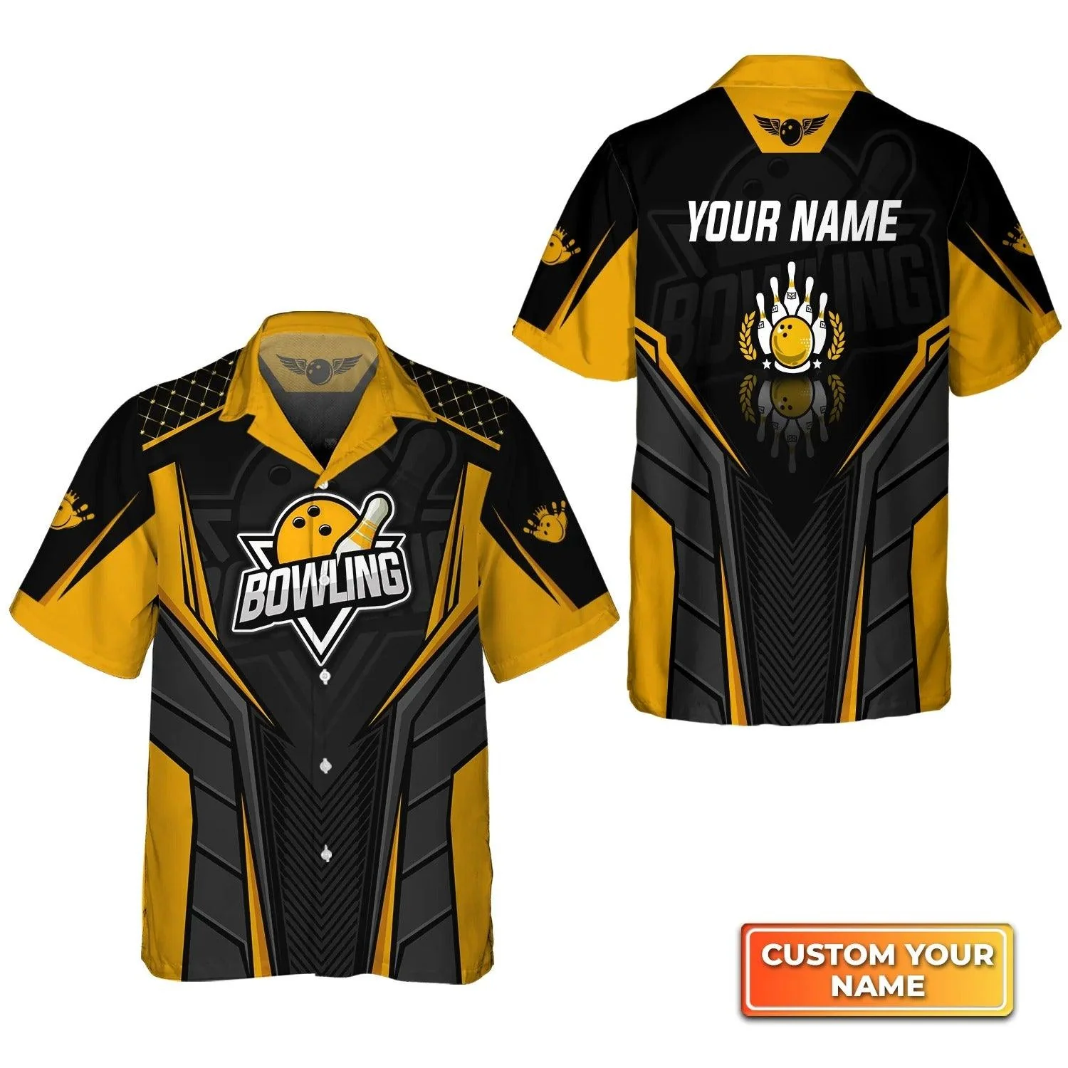 Bowling Hawaiian Shirt Custom Name - Bowling Pin And Bowl Ball Yellow Personalized Aloha Hawaiian Shirt - Gift For Friend, Family, Bowling Lovers - Image 3