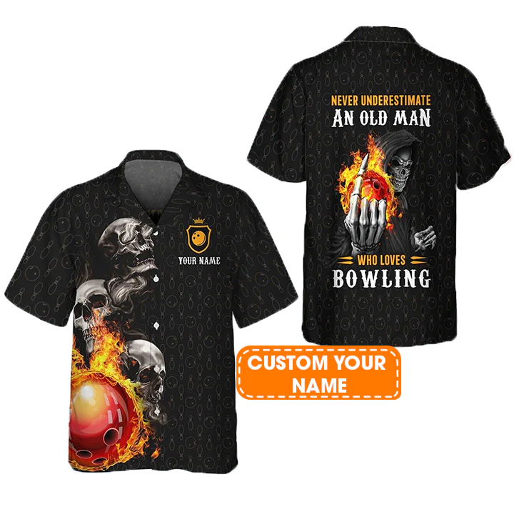 Bowling Hawaiian Shirt Custom Name - Bowling Skull Never Underestimate Personalized Aloha Hawaiian Shirt - Gift For Friend, Family, Bowling Lovers - Image 2