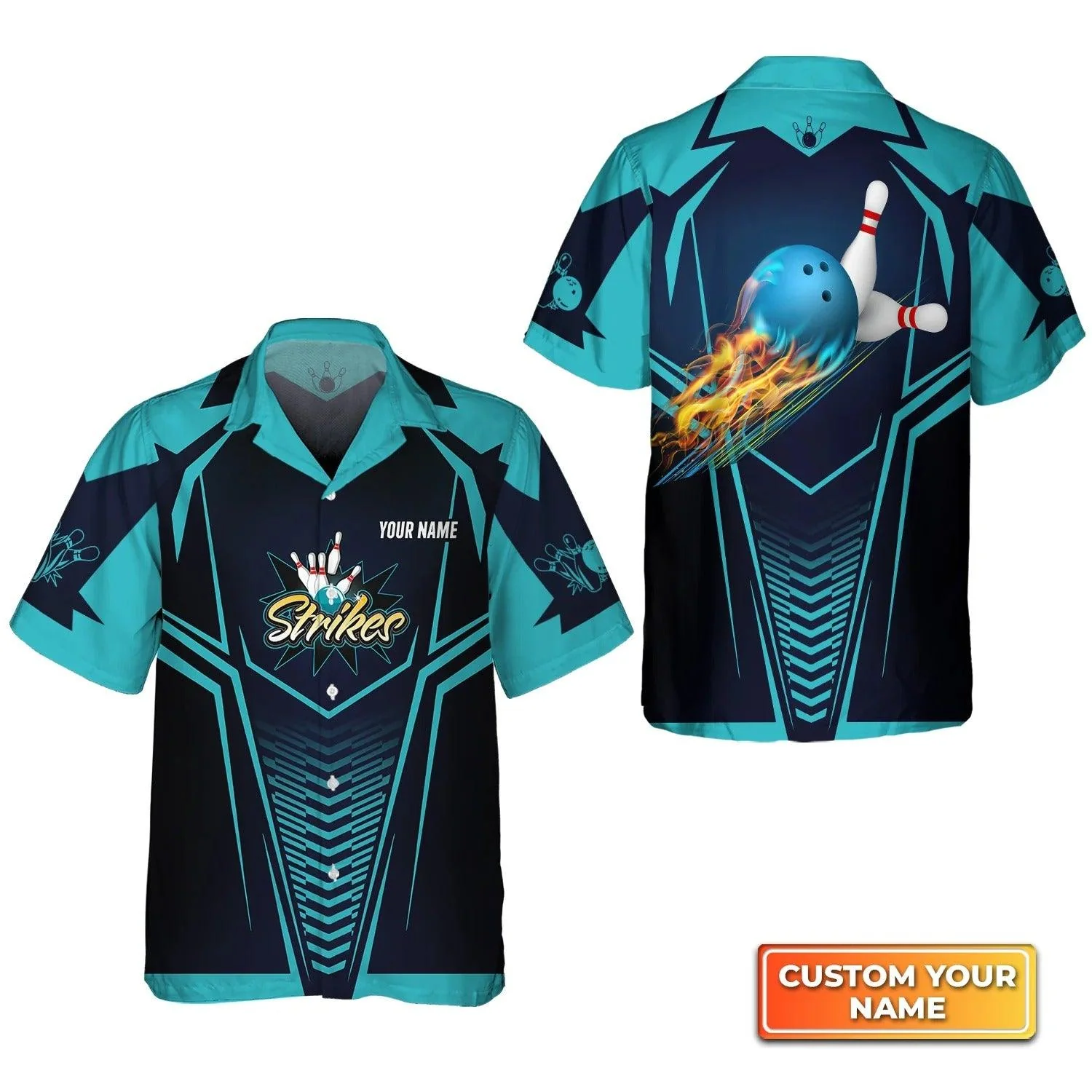 Bowling Hawaiian Shirt Custom Name - Bowling Strikes Blue Bowling Ball Crashing The Pins Personalized Aloha Hawaiian Shirt - Gift For Friend, Family, Bowling Lovers - Image 3