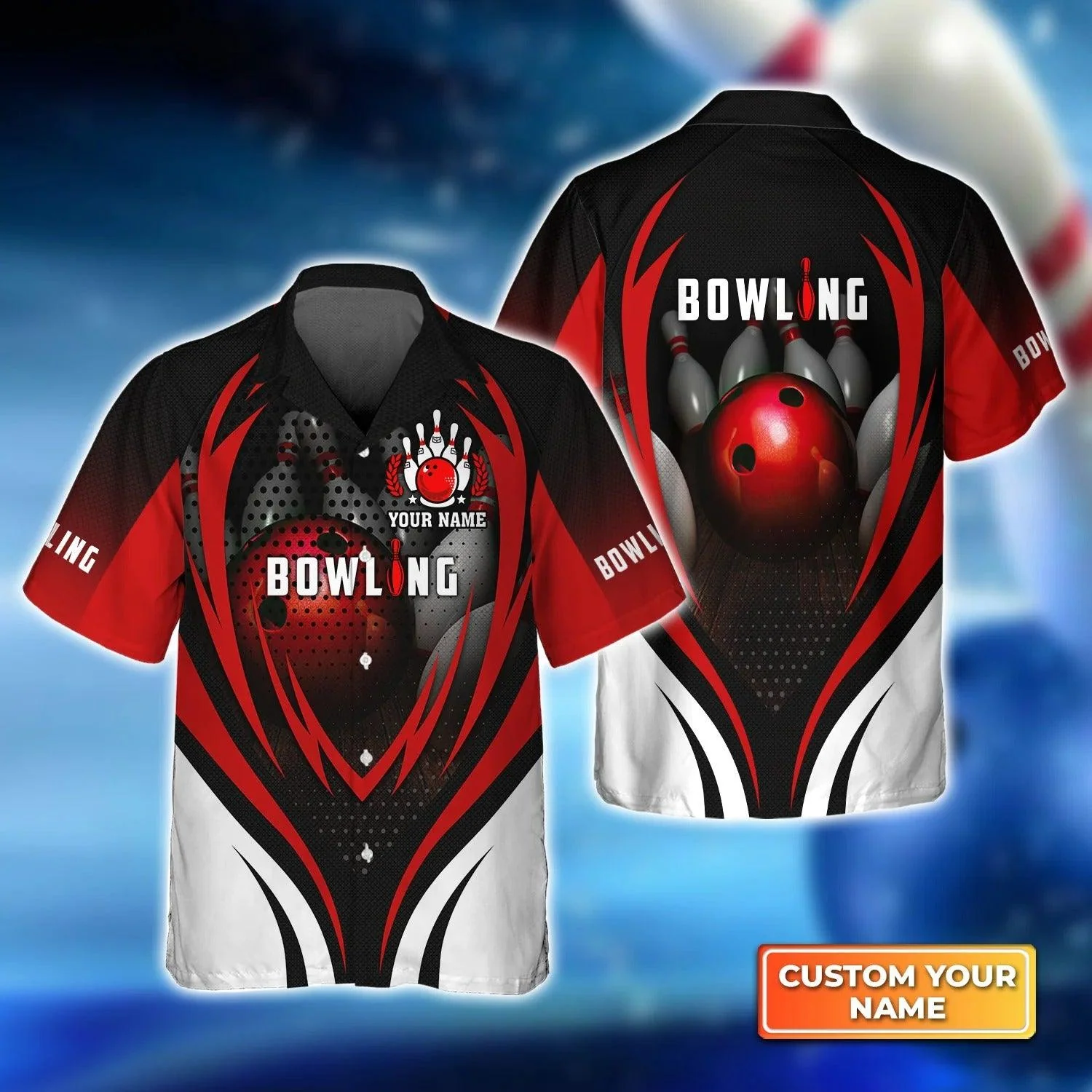 Bowling Hawaiian Shirt Custom Name - Bowling With Red Ball and Bowl Pins Personalized Aloha Hawaiian Shirt - Gift For Friend, Family, Bowling Lovers