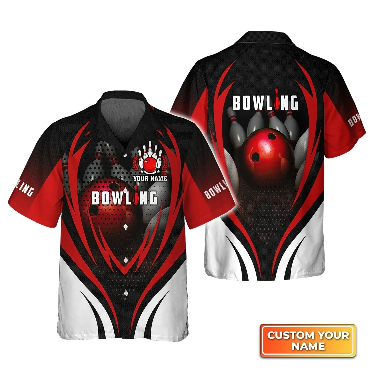 Bowling Hawaiian Shirt Custom Name - Bowling With Red Ball and Bowl Pins Personalized Aloha Hawaiian Shirt - Gift For Friend, Family, Bowling Lovers - Image 2
