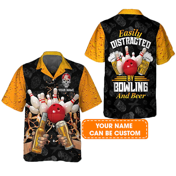 Bowling Hawaiian Shirt Custom Name, Easily Distracted By Bowling And Beer Personalized Aloha Hawaiian Shirts - Gift For Bowling Lovers, Friend, Family - Image 2