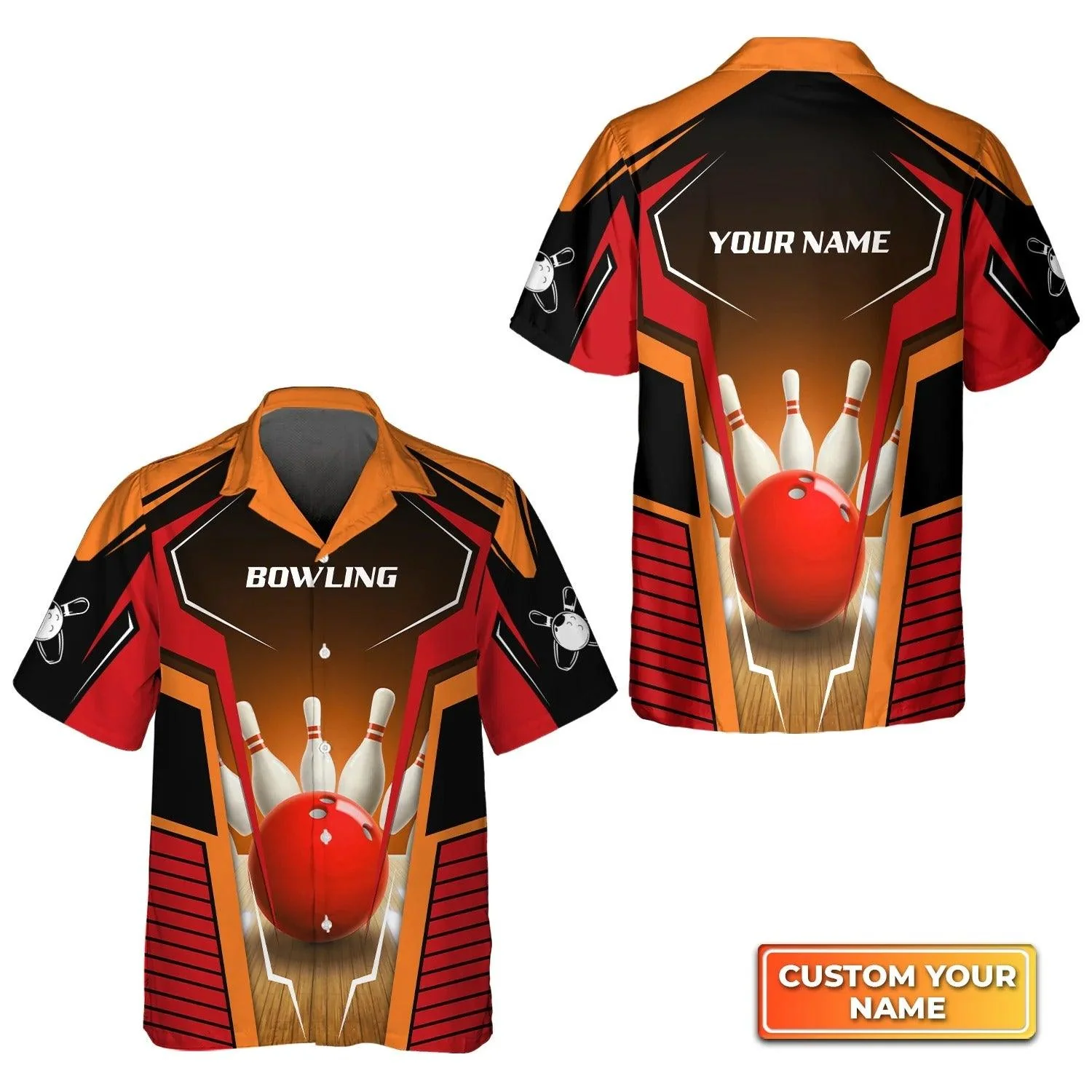 Bowling Hawaiian Shirt Custom Name - Mens Bowl Pin And Red Bowling Ball Personalized Aloha Hawaiian Shirt - Gift For Friend, Family, Bowling Lovers - Image 2