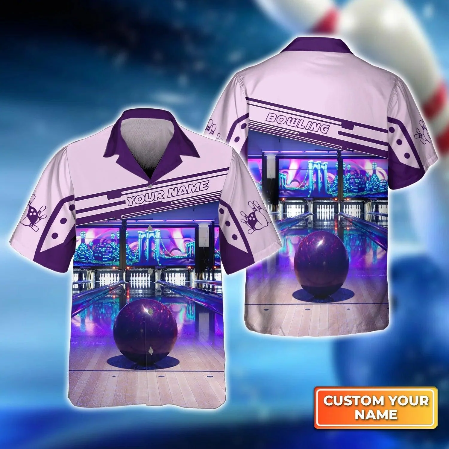 Bowling Hawaiian Shirt Custom Name - Purple Bowling Ball Personalized Aloha Hawaiian Shirt - Gift For Friend, Family, Bowling Lovers