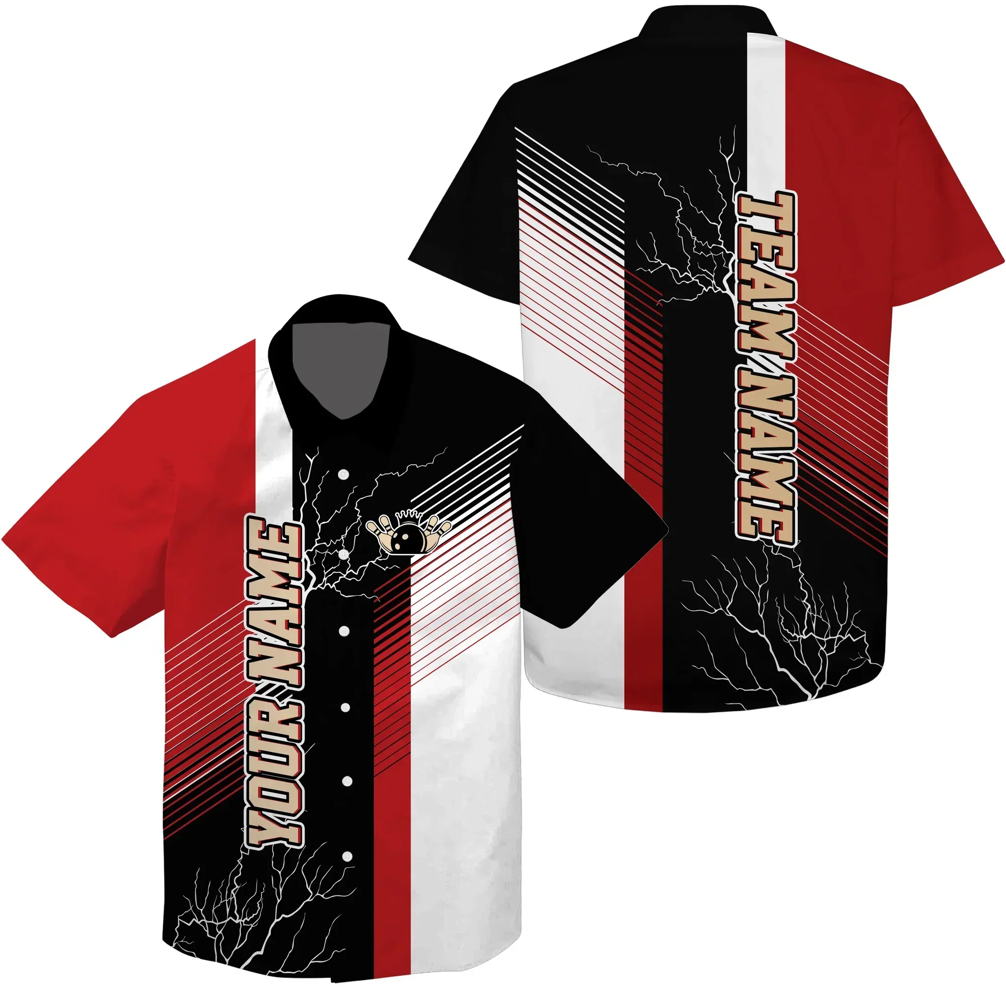 Bowling Hawaiian Shirt Custom Name, Red And Black Plaid Pattern Lightning Personalized Hawaiian Shirt For Men Women, Team, Bowling Lovers, Bowlers