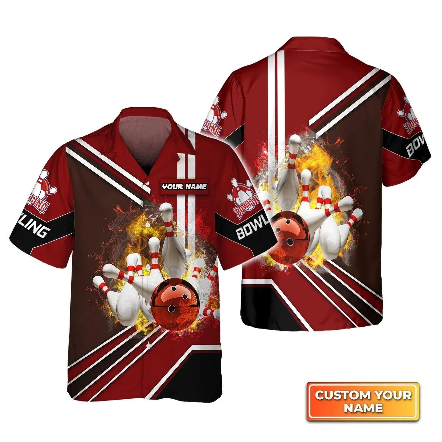 Bowling Hawaiian Shirt Custom Name - Red Bowling Ball On Fire Crashing Pins Personalized Aloha Hawaiian Shirt - Gift For Friend, Family, Bowling Lovers - Image 3
