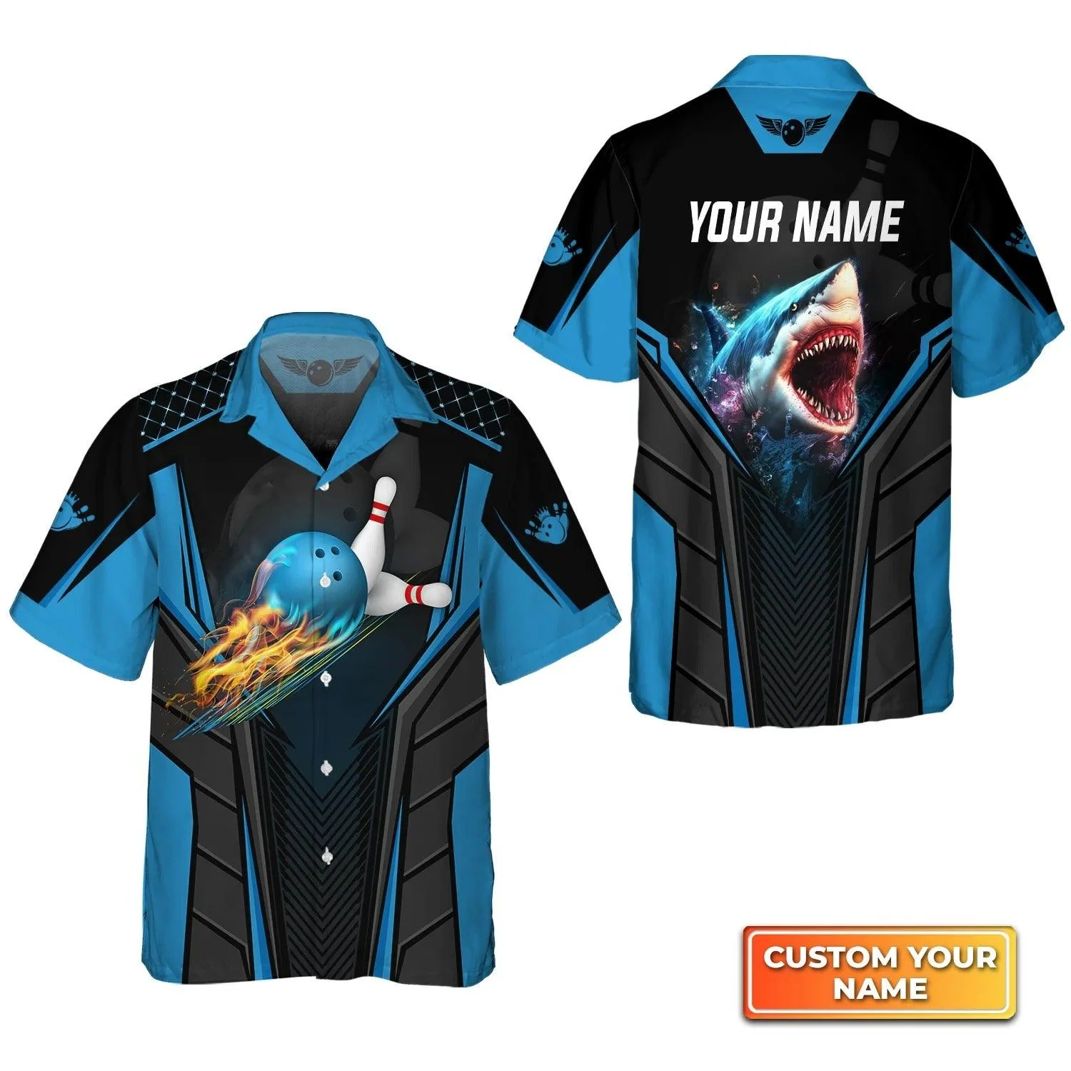 Bowling Hawaiian Shirt Custom Name - Shark Team Blue Bowling Ball Personalized Aloha Hawaiian Shirt - Gift For Friend, Family, Bowling Lovers - Image 3