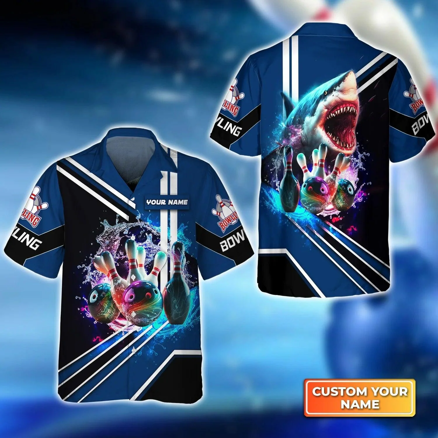 Bowling Hawaiian Shirt Custom Name - Shark Team Rainbow Bowling Ball And Pins On Water Personalized Aloha Hawaiian Shirt - Gift For Friend, Family, Bowling Lovers
