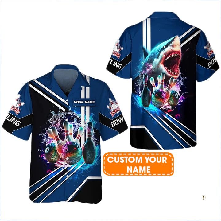 Bowling Hawaiian Shirt Custom Name - Shark Team Rainbow Bowling Ball And Pins On Water Personalized Aloha Hawaiian Shirt - Gift For Friend, Family, Bowling Lovers - Image 2