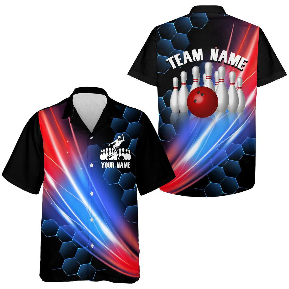 Bowling Hawaiian Shirt Custom Name & Team Name, Black Bowling Personalized Shirt For Men Women, Bowling Lovers, Bowlers