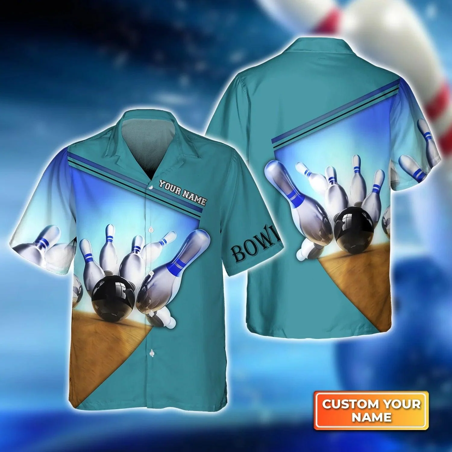 Bowling Hawaiian Shirt Custom Name - Ten Pin Bowling Blue Colorful Personalized Aloha Hawaiian Shirt - Gift For Friend, Family, Bowling Lovers