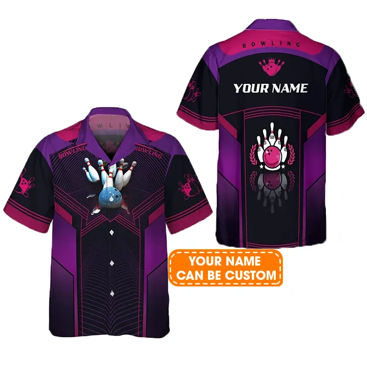 Bowling Hawaiian Shirt Custom Name - The Blue Bowling Ball Crashing The Pins Purple Personalized Aloha Hawaiian Shirt - Gift For Friend, Family, Bowling Lovers - Image 2