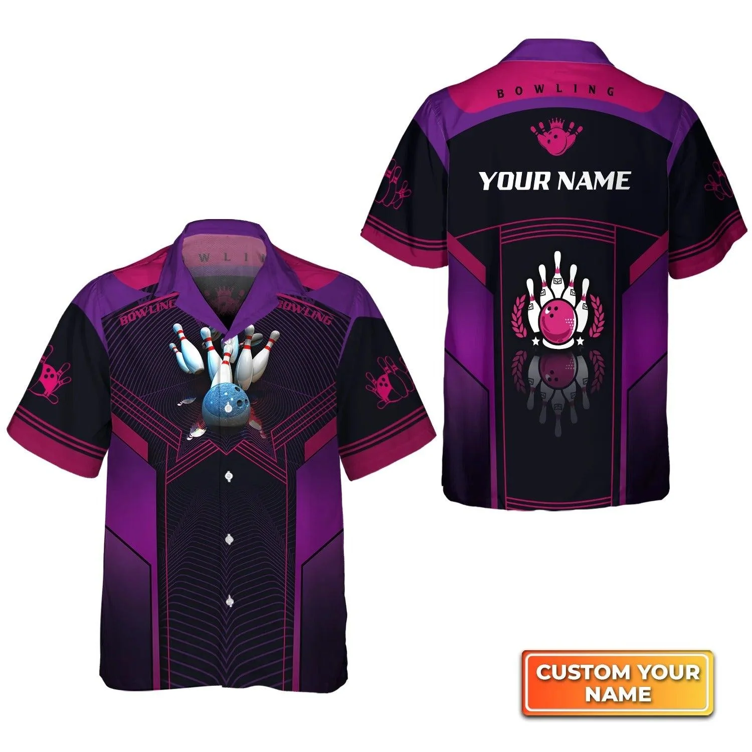 Bowling Hawaiian Shirt Custom Name - The Blue Bowling Ball Crashing The Pins Purple Personalized Aloha Hawaiian Shirt - Gift For Friend, Family, Bowling Lovers - Image 3