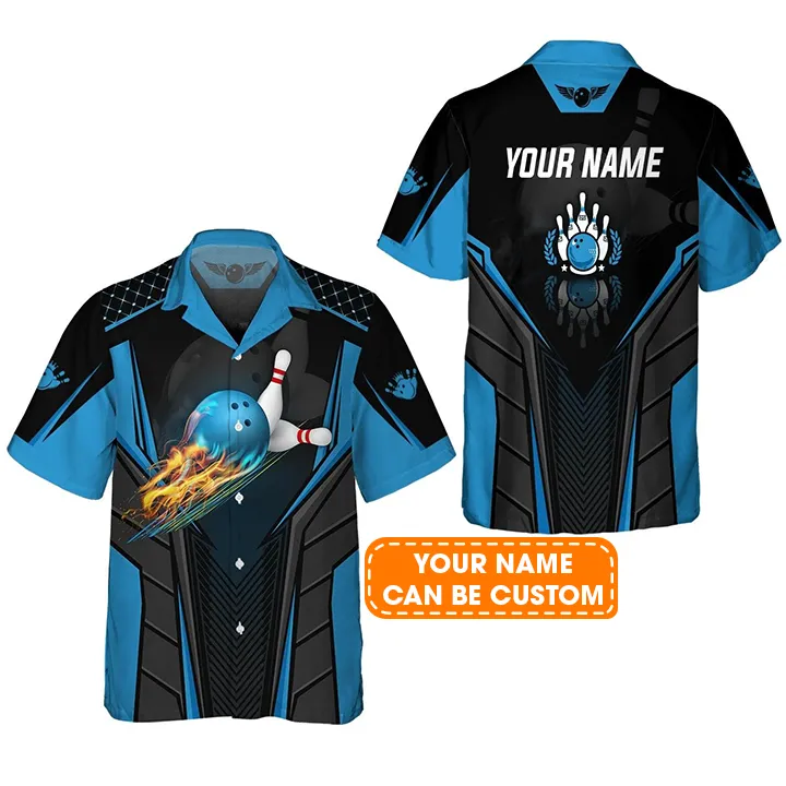 Bowling Hawaiian Shirt Custom Name - The Blue Bowling Ball in Flames Breaks White Skittles Personalized Aloha Hawaiian Shirt - Gift For Friend, Family, Bowling Lovers - Image 2
